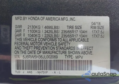 2018 Honda Cr-V Lx из США, поврежденный, VIN 5J6RW5H36JL002069